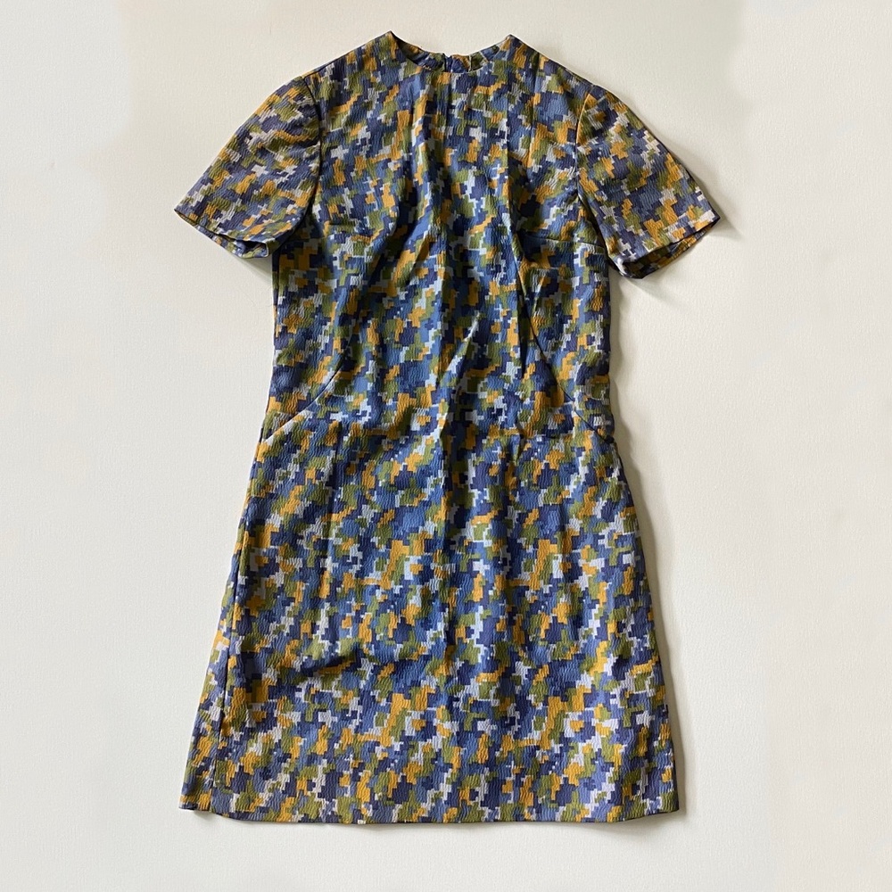 Vintage 60s Blue & Yellow Pixel Print Shift Dress
